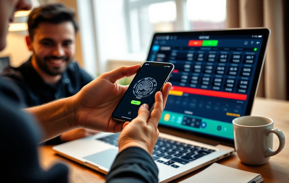 En person bekrefter et betalingsinnskudd med Apple Pay på en iPhone foran en bærbar PC med en spillside åpen.