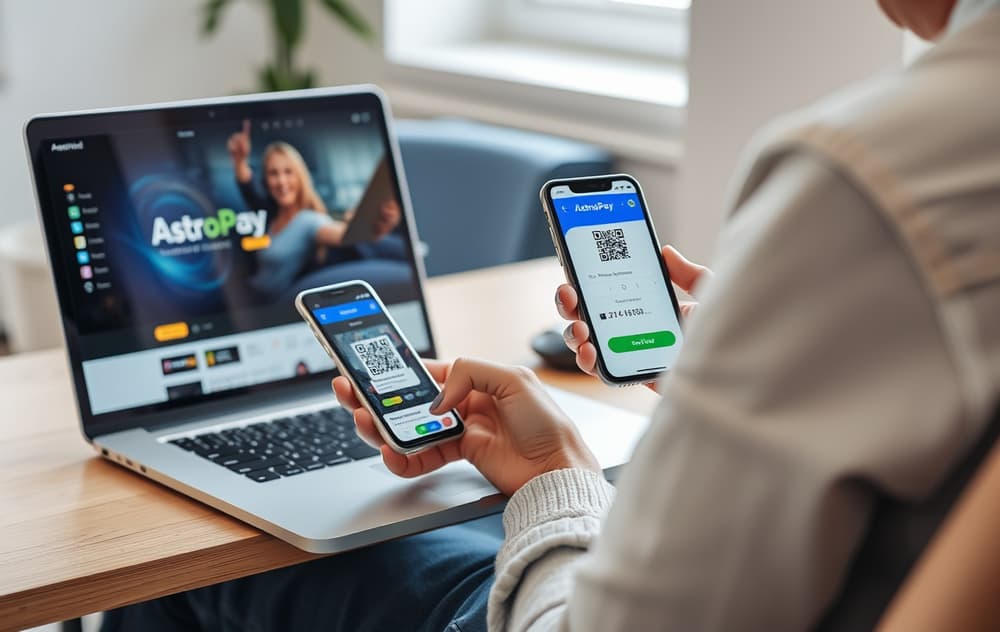 Person som bruker AstroPay på mobil og bookmaker på laptop – innskudd til odds.