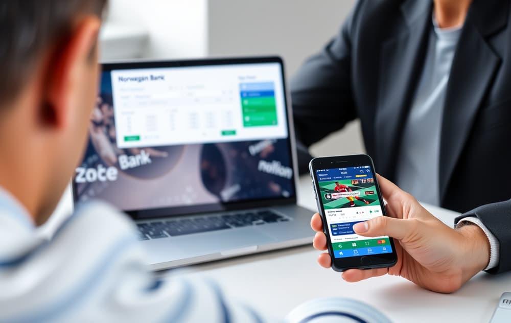 Person som gjør en bankoverføring til en bettingside via laptop, med mobil og norsk banklogo synlig.