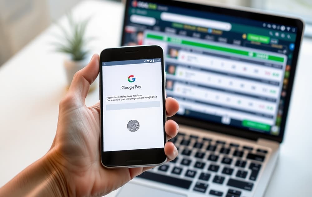Android-telefon som viser Google Pay-betaling på en spillside med fingeravtrykksbekreftelse.