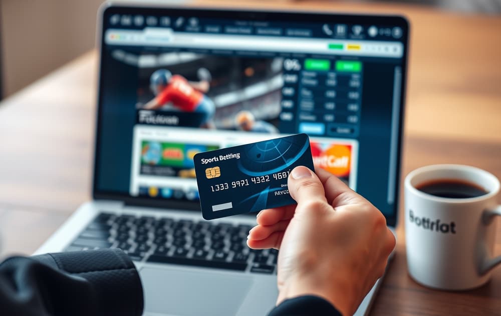 Hånd som holder et Mastercard-kort foran en laptop med en bettingside på skjermen
