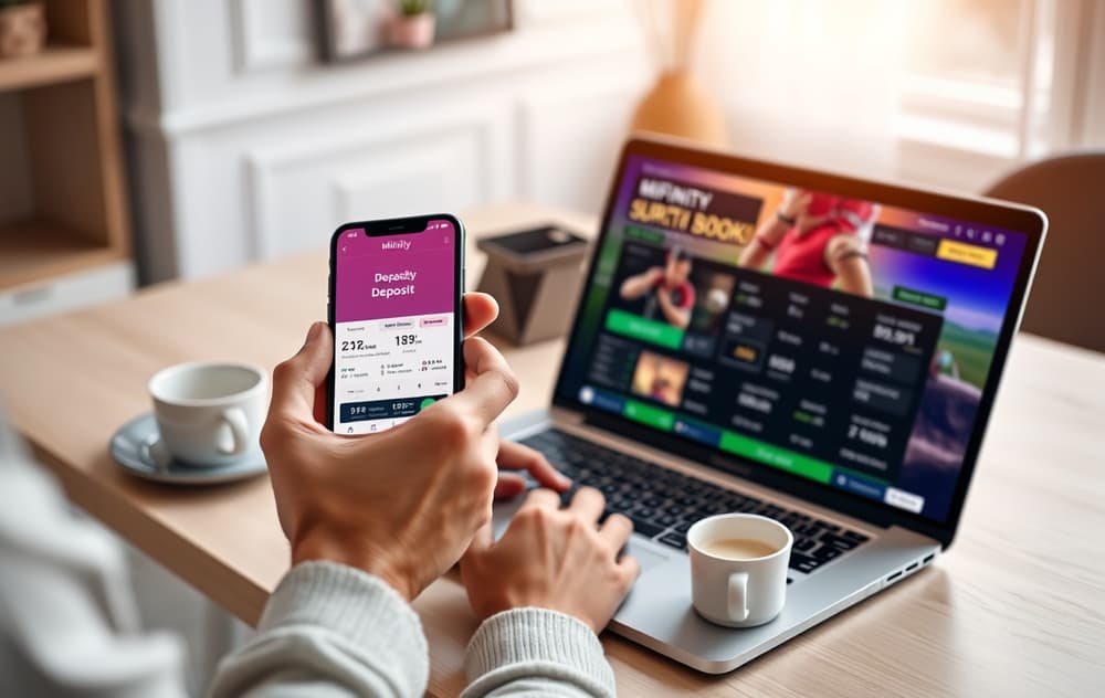 Person som bruker MiFinity-appen for å sette inn penger hos en bookmaker på laptop