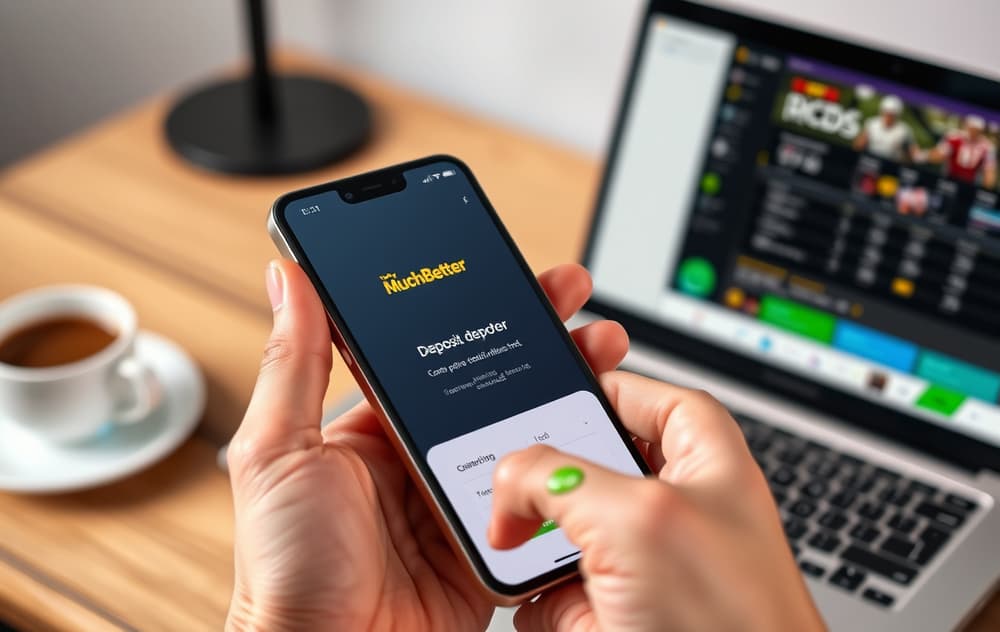 Mobilskjerm med MuchBetter-app og bekreftelse på innskudd til en bettingside, med fotballodds på en laptop i bakgrunnen.