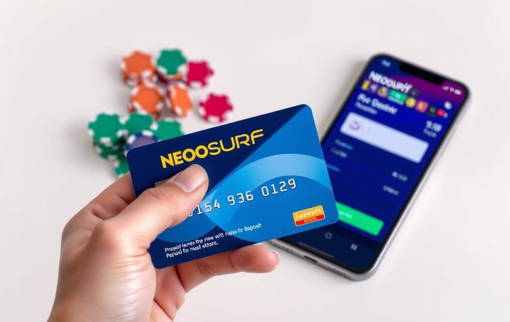 Person holder en Neosurf-kupong med PIN-kode ved siden av en mobiltelefon med bettingside