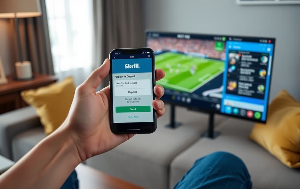 En person som bruker Skrill-appen for å sette inn penger på en bettingside via mobil.