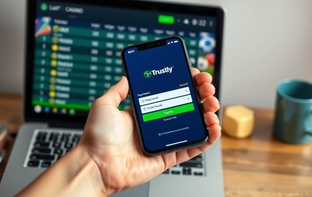Mobiltelefon som viser Trustly-betaling med BankID for betting – fotorealistisk bilde