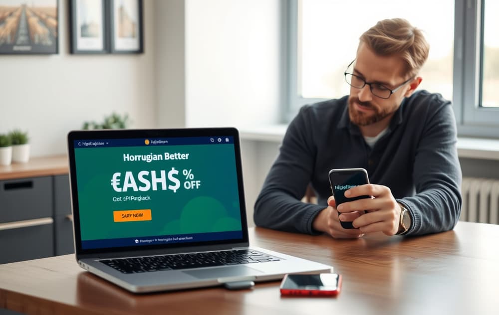 Norsk bettingspiller som vurderer cashback-tilbud på en bærbar PC, med kopp og mobiltelefon på skrivebordet.