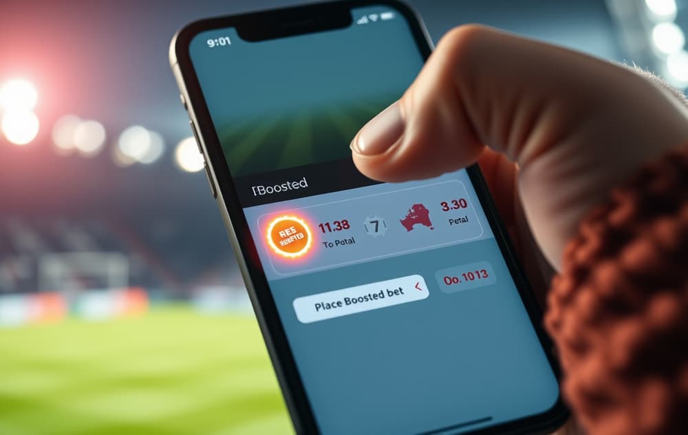 Mobilskjerm med boosted odds på en fotballkamp, finger klar til å plassere innsatsen