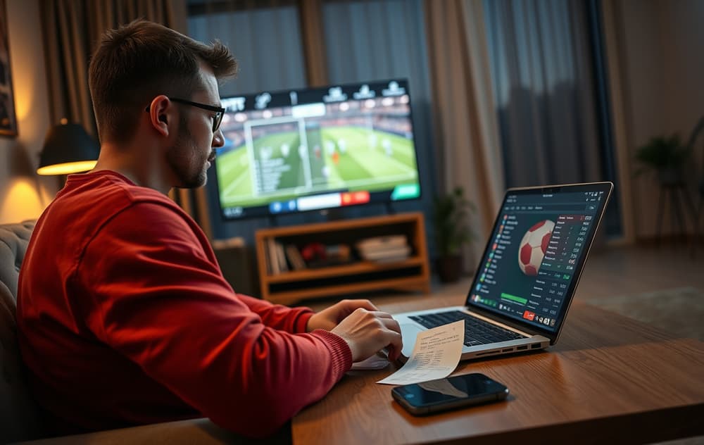 Spiller som sjekker leaderboard for oddskonkurranse med fotballkamp på TV