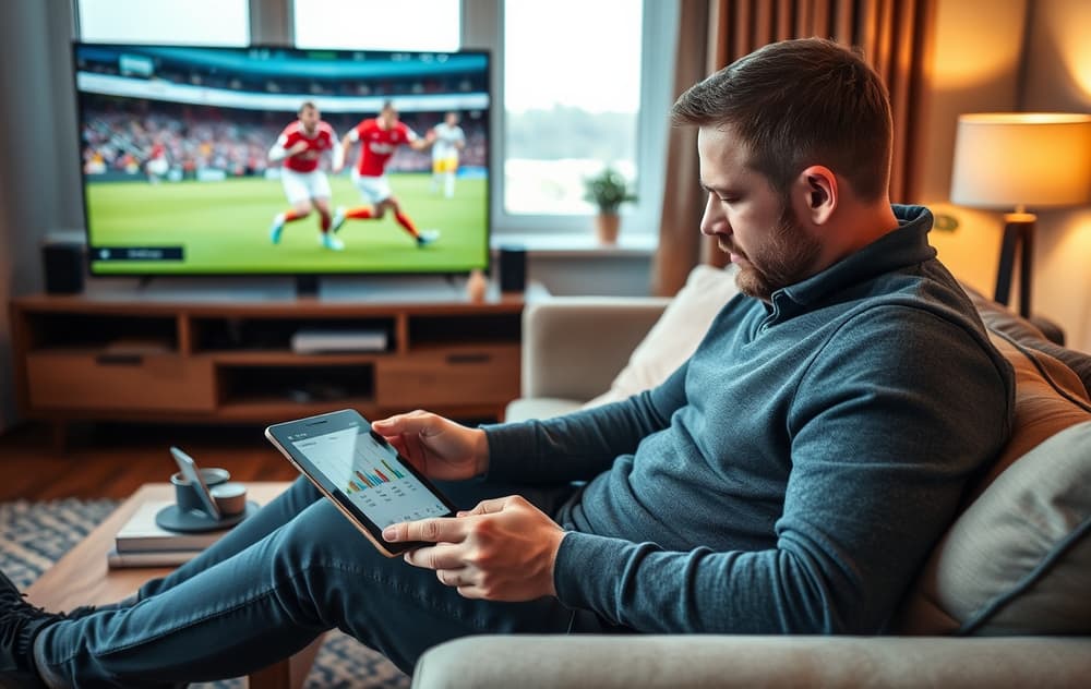 Norsk spiller som sjekker oddsbonus vilkår på nettbrett foran TV-en.