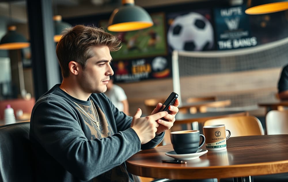 Person som vurderer oddsbonus på mobilen med sportsutstyr i bakgrunnen.