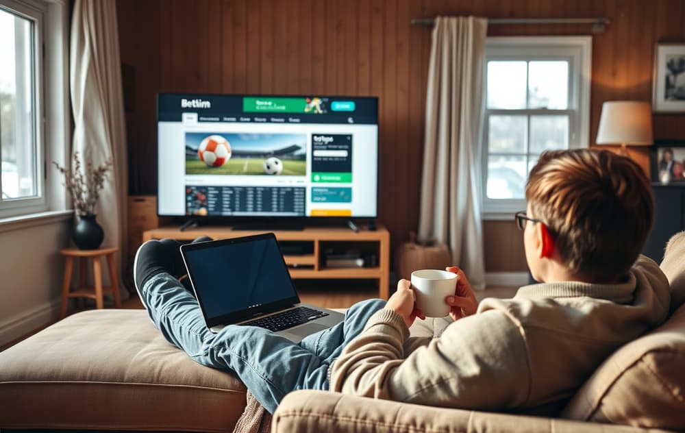 Person som sitter i stue og vurderer odds sider på laptop med kaffekopp