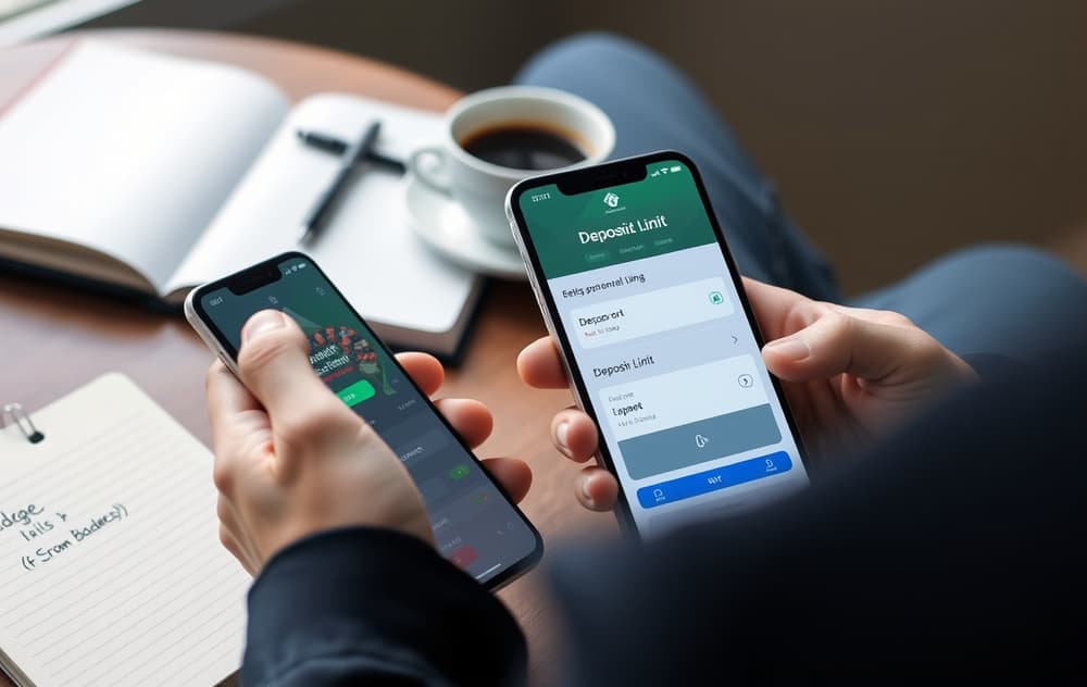Person som setter innskuddsgrense på en bettingapp, med kaffekopp og notatbok for budsjett