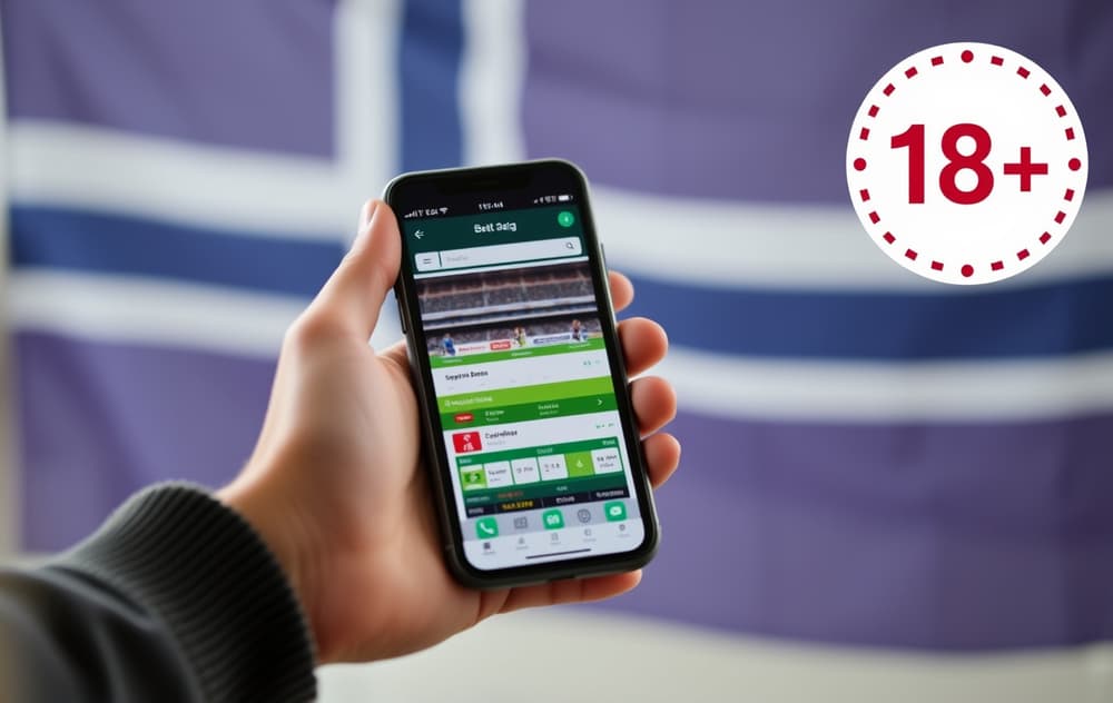 Person med mobil som viser sportsbetting-app, med norsk flagg og 18+-symbol.