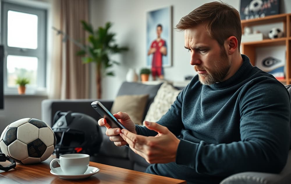 Norsk spiller som ser på odds på mobilen med sportsutstyr rundt seg.