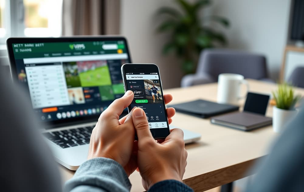 En person som sammenligner to bettingsider på mobil og laptop, med Vipps og fotballodds synlig.
