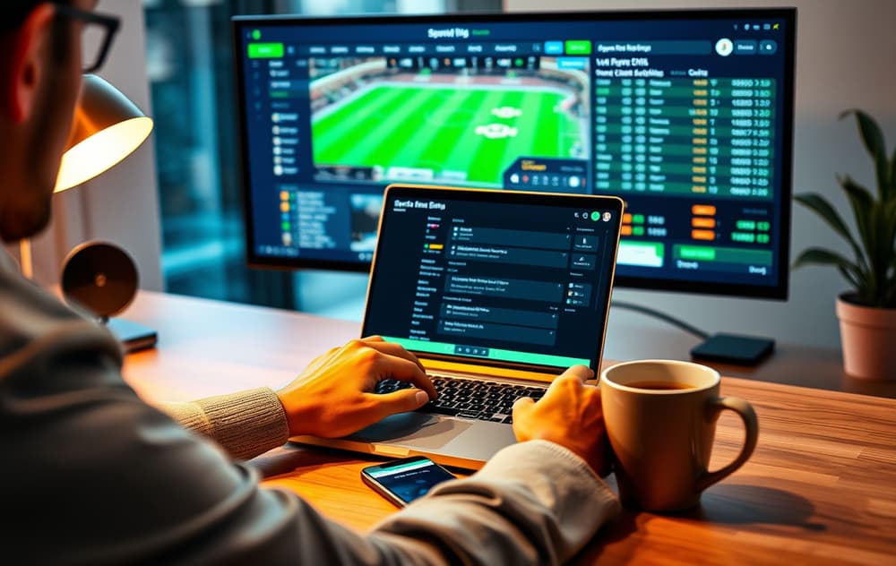 Person som chatter med kundeservice på laptop, med betting-app på mobilen