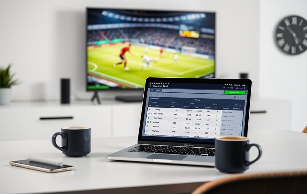 Skrivebord med laptop som viser oddsammenligning, mobil med Vipps, og sport på TV