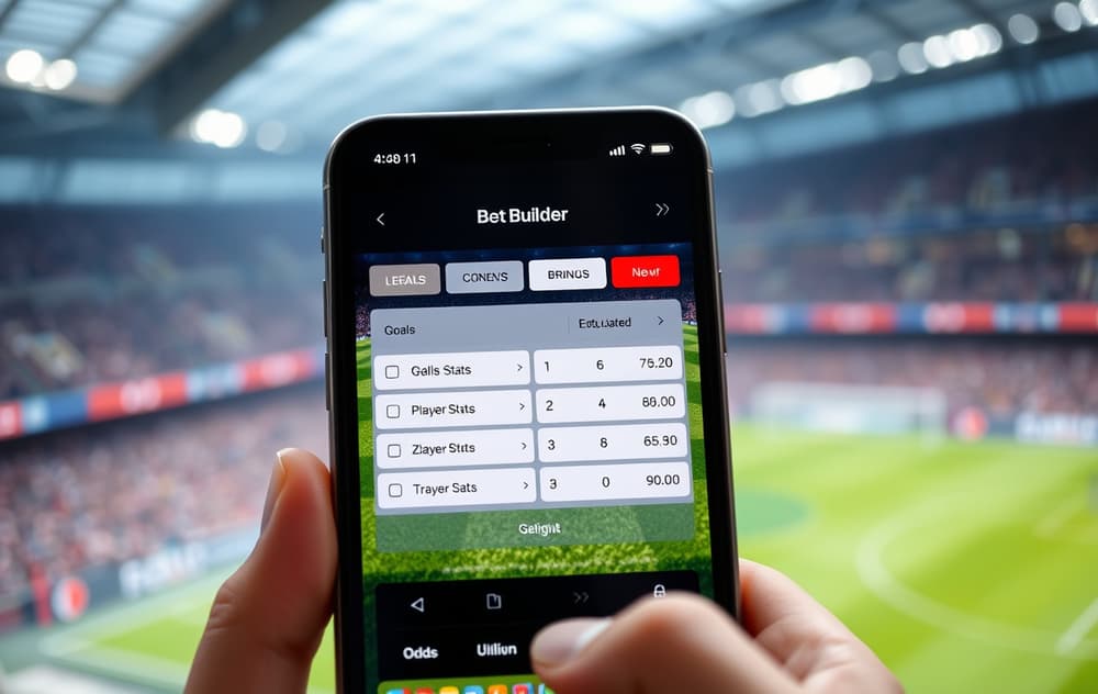 Skjermbilde av en oddsbygger-app med fotballkamp og flere utvalgsmuligheter.