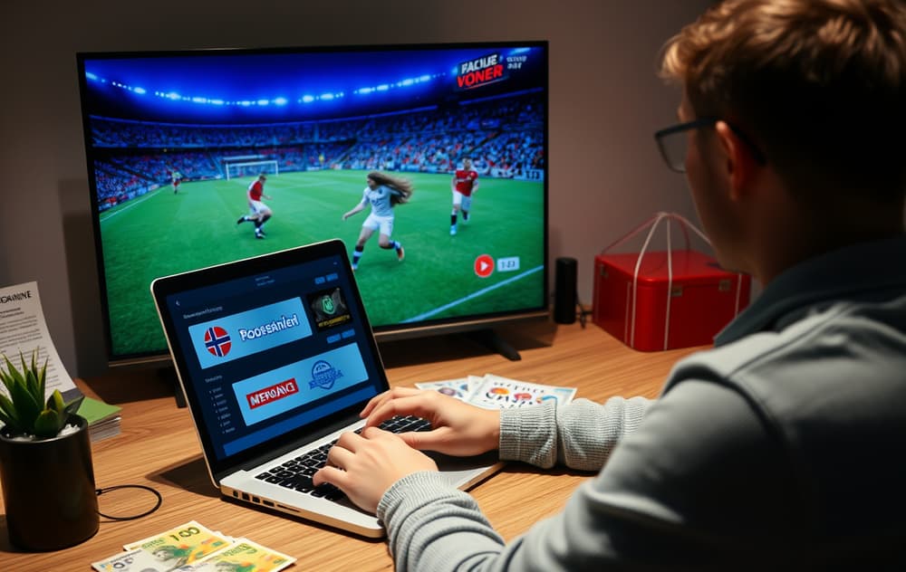 Person som sammenligner odds fra flere bookmakere på laptop, med fotballkamp på TV og norske pengesedler.