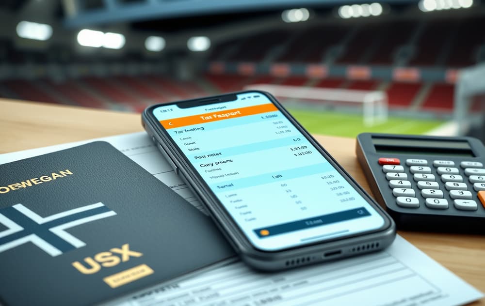 Norsk pass, skatteskjema og mobiltelefon med gevinst fra odds-spilling