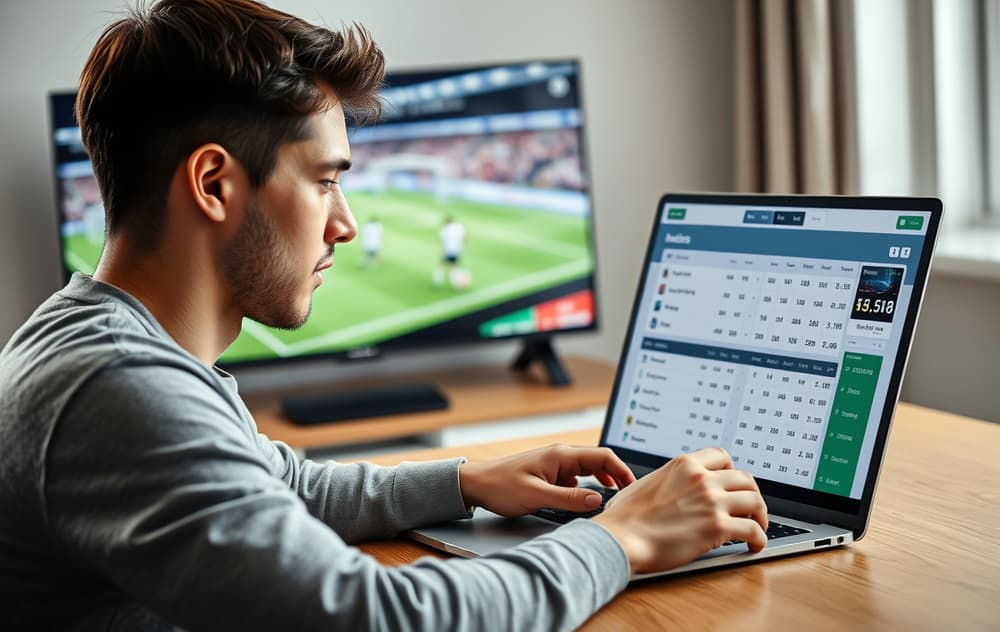 En person sammenligner fotballodds på en bærbar PC, med en fotballkamp på TV i bakgrunnen.