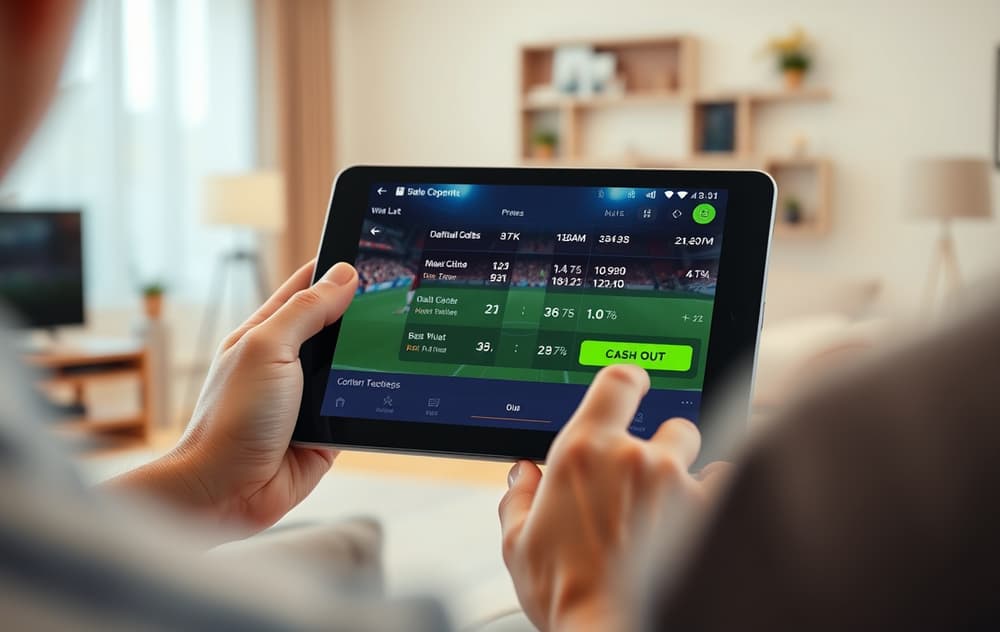 Person som ser på live fotballkamp på nettbrett med odds og cash out-mulighet