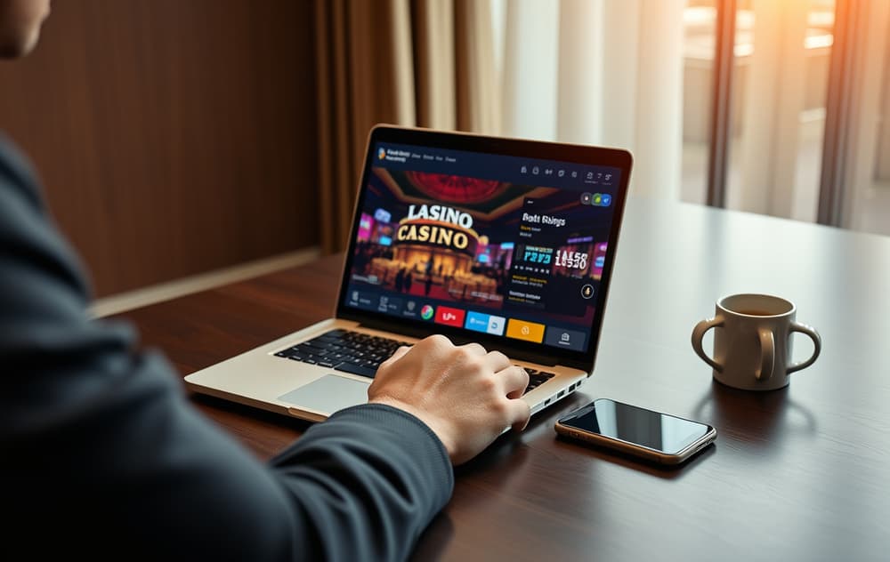 Person som sammenligner nettcasino på laptop med kredittkort og mobiltelefon