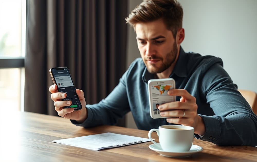 En person sammenligner to bettingsider på mobiltelefoner, med fokus på lisens og odds