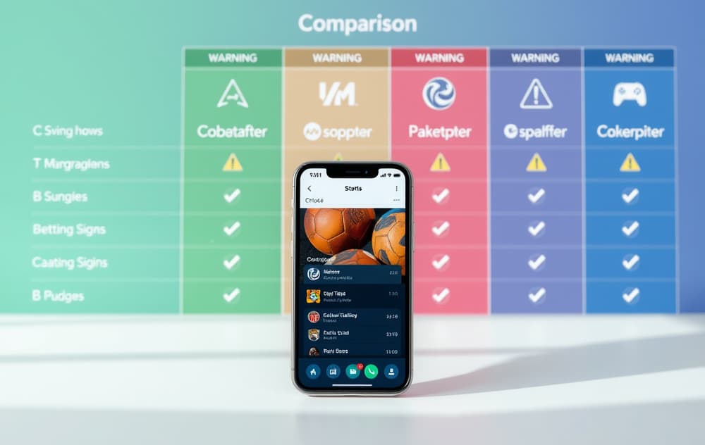 Sammenligning av bettingsider med sjekkmerker og advarselssymboler, med en mobiltelefon som viser en bettingapp i forgrunnen.