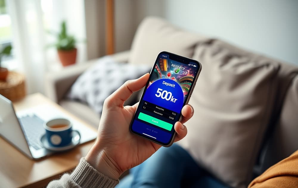 Person med smarttelefon som viser innskuddsskjerm på casino-app med 50 kr