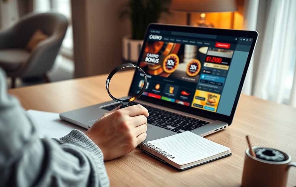 Person som analyserer bonusvilkår for casino uten omsetningskrav