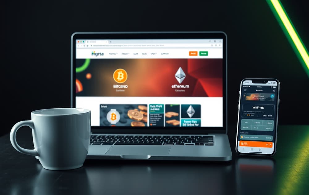 Kryptocasino på laptop med Bitcoin og Ethereum logoer