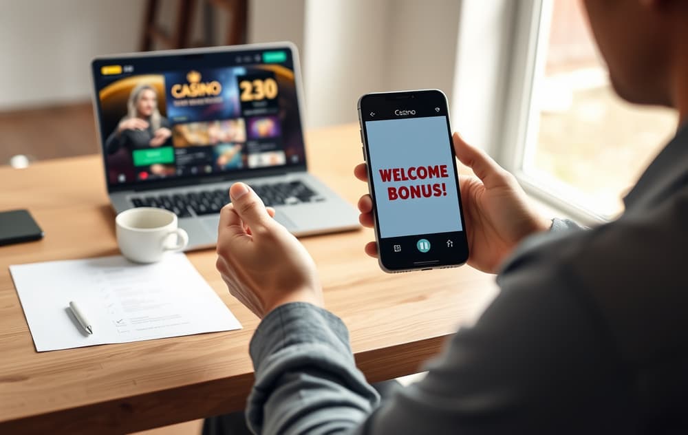 Person som holder en mobiltelefon med casino-bonus, ved siden av en laptop og en sjekkliste