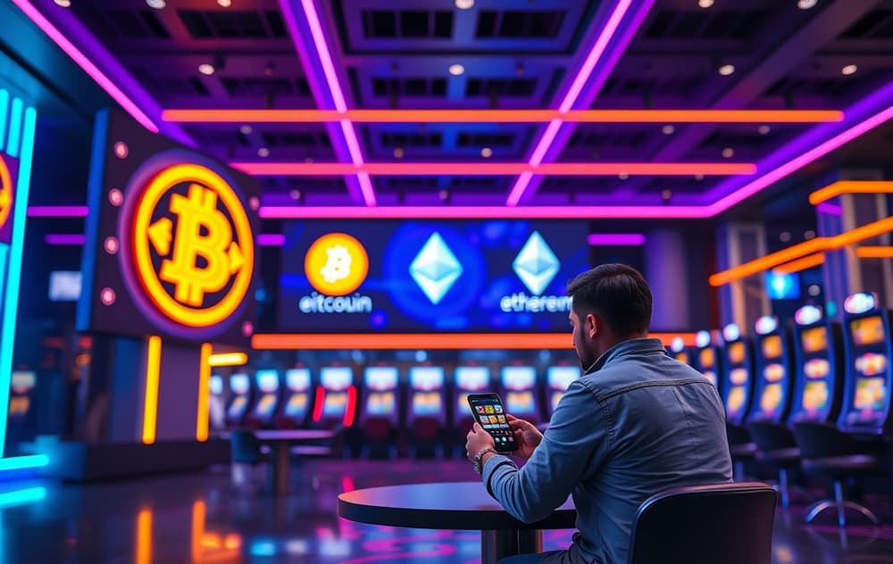 Moderne kryptocasino-lobby med neonlys og skjermer som viser Bitcoin og Ethereum