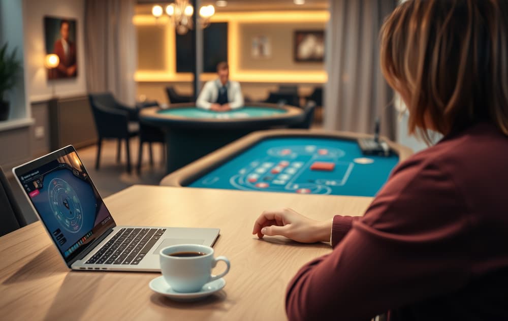 Person som spiller live blackjack på laptop med ekte dealer.