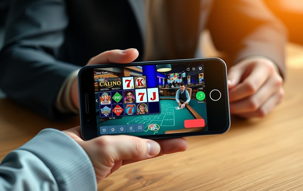 Person med mobiltelefon som viser casinoapp med spilleautomater og live dealer blackjack.