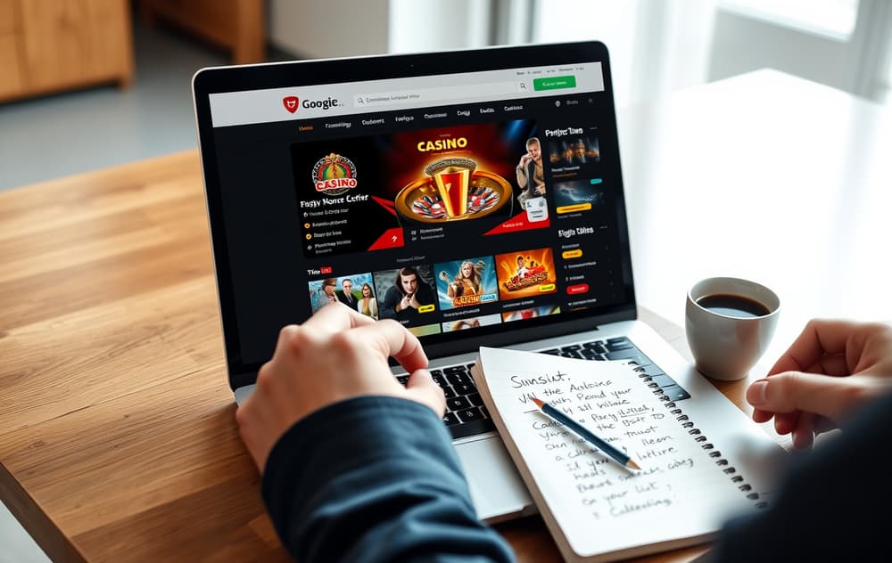 Person som sammenligner nettcasinoer på laptop med notater