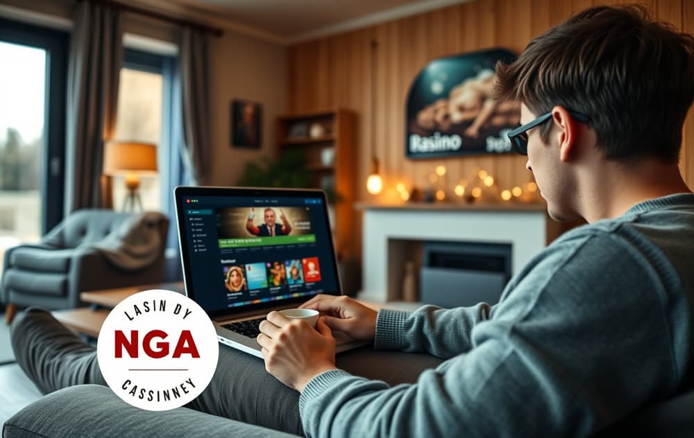 En person sitter i en norsk stue og ser på et casino på laptop med MGA-lisens synlig