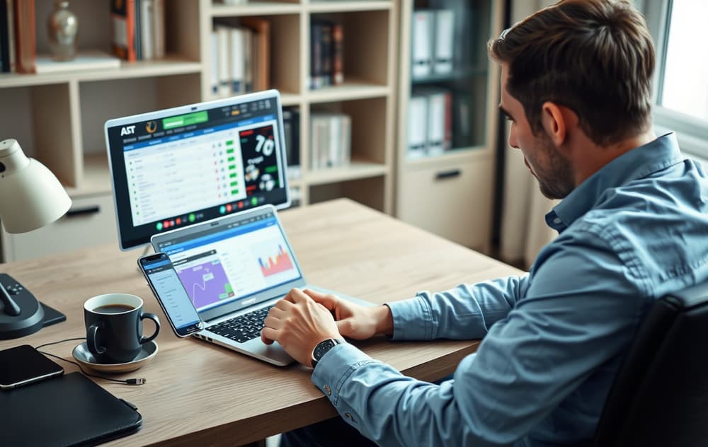 Person som sammenligner to bettingsider på laptop og mobiltelefon, med odds på skjermen.