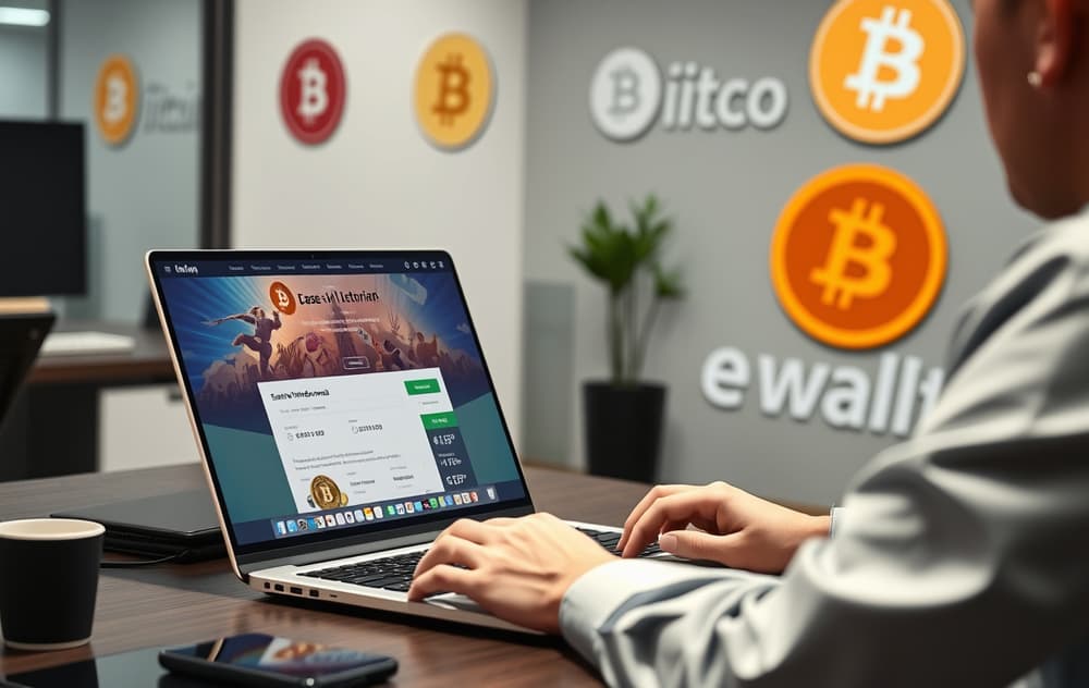 Person som ser på uttaksbekreftelse på en bærbar PC med krypto- og e-lommebokikoner.