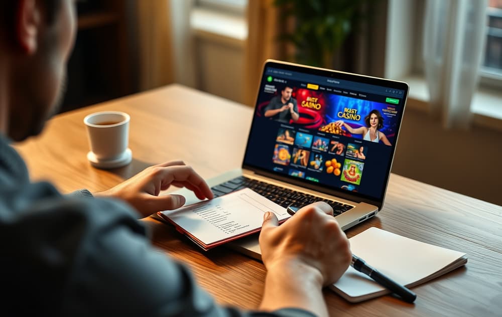 Person som sammenligner to casinoer på laptop med sjekkliste