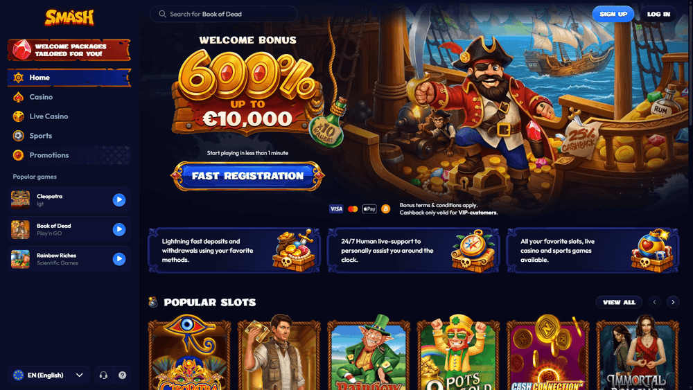 Smash Casino omtale – skjermbilde fra nettsiden