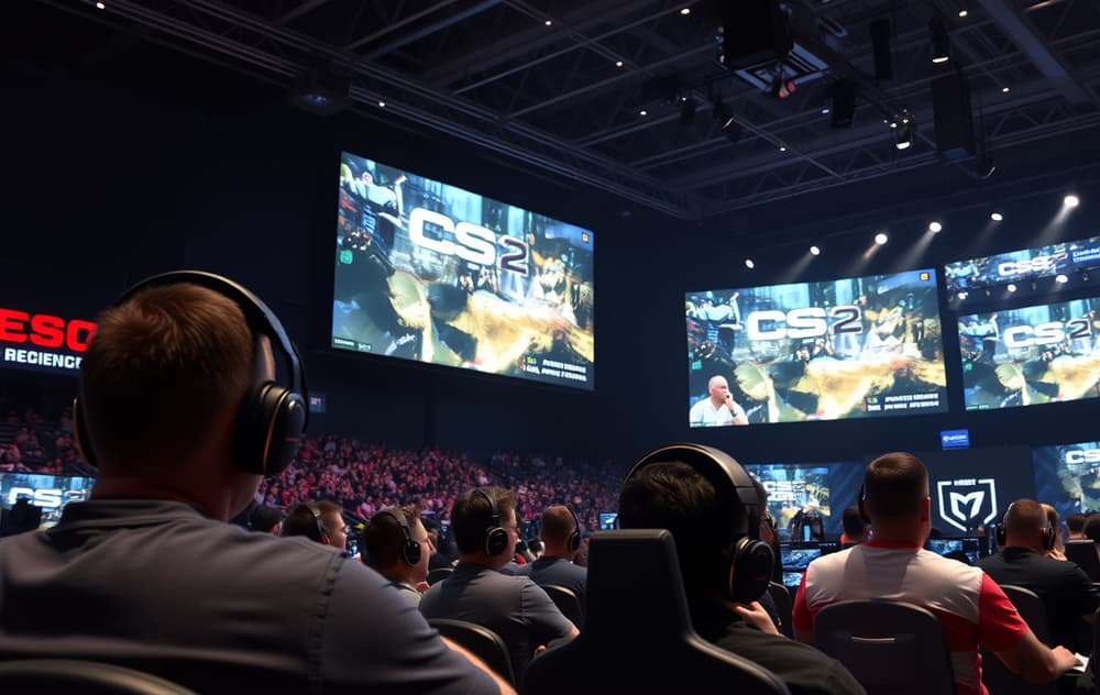 Esport-turnering med CS2-spill på storskjerm og publikum i salen.