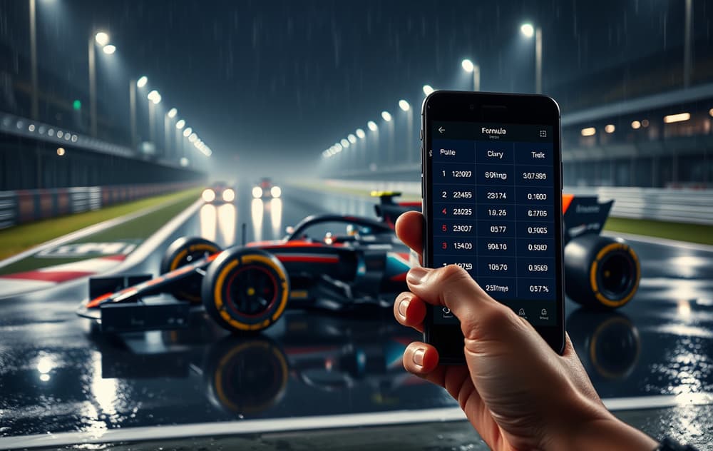 Formel 1-bil i regnvær med bettingodds på mobilskjerm i forgrunnen
