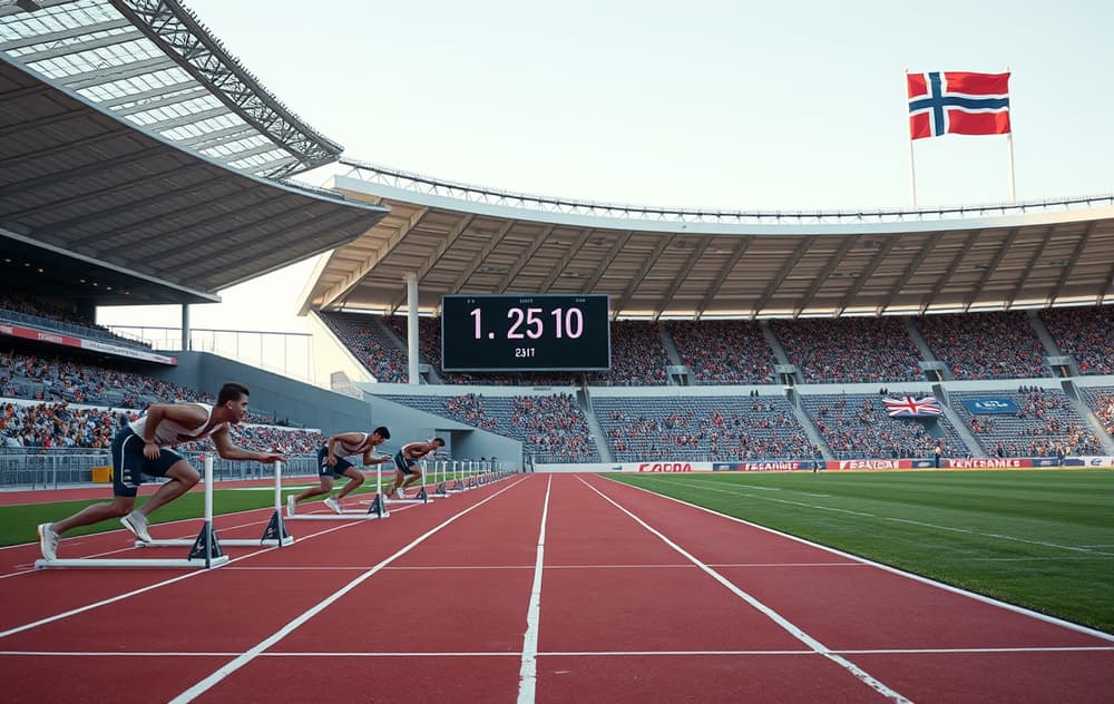 Stadion med 100m-løp og oddstavle i bakgrunnen