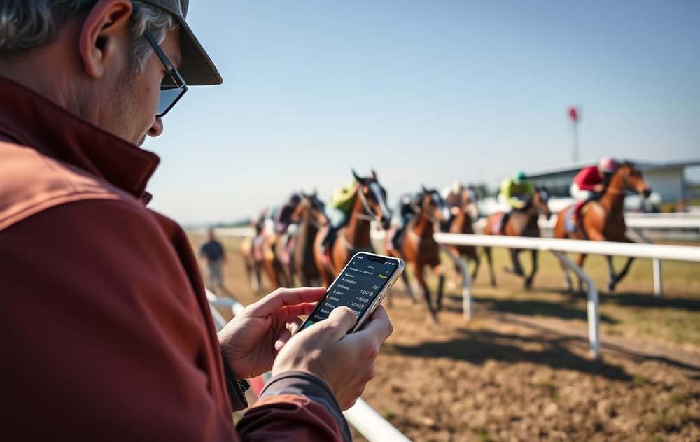 Hesteløp med hester i målområdet og en spiller som sjekker odds på mobil