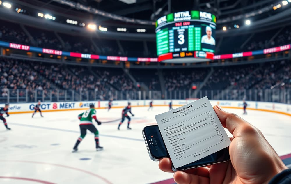 Ishockeykamp med odds på resultattavle og bettingskjerm på mobil