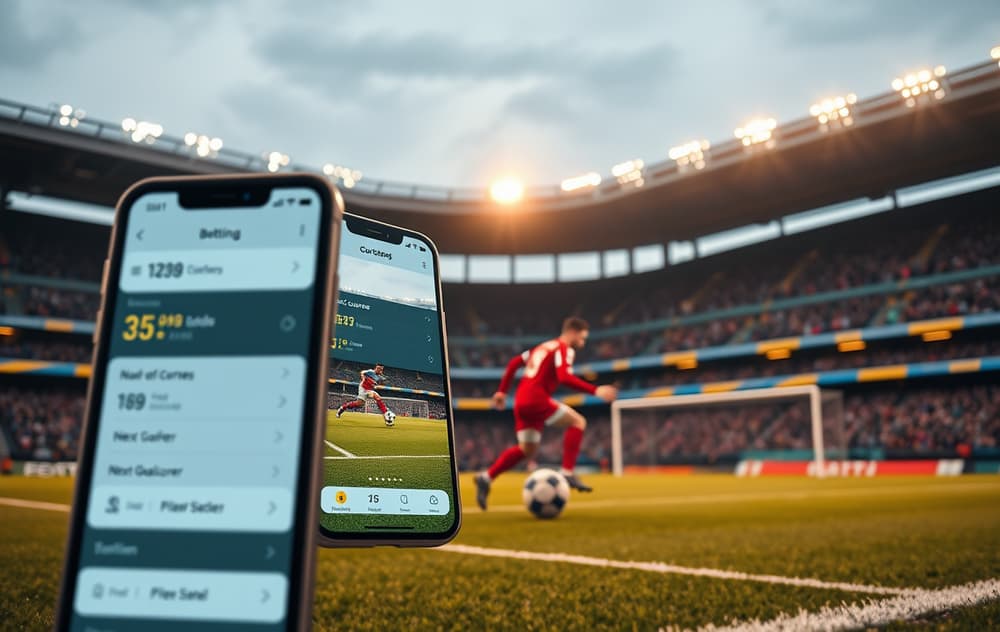 Fotballkamp med corner og betting-app som viser odds på spesialspill