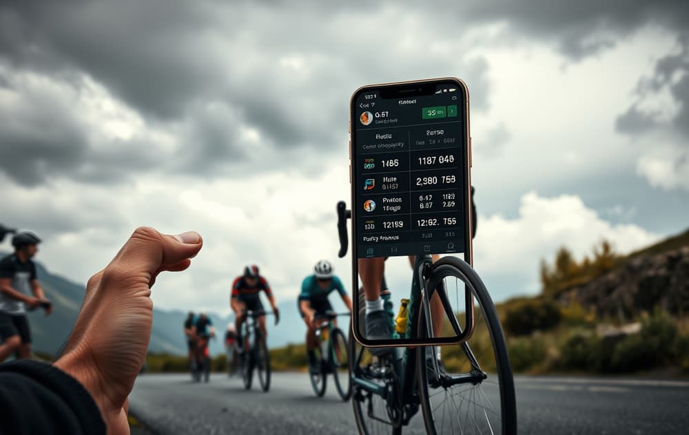 Sykkelrytter i brudd under en fjelltappe med odds på mobilskjerm i bakgrunnen
